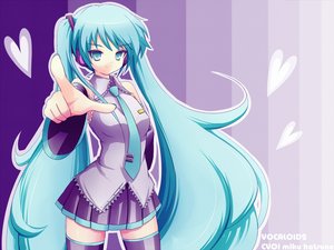 Rating: Safe Score: 0 Tags: 1girl blue_eyes blue_hair hatsune_miku heart pointing pointing_at_viewer purple_background smile solo twintails vocaloid wallpaper User: edogawaconan