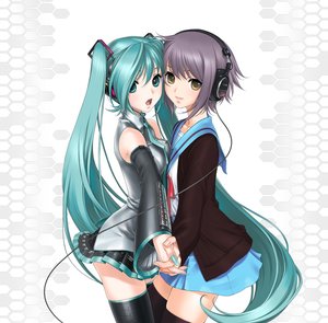 Rating: Safe Score: 0 Tags: 2girls blue_eyes blue_hair hatsune_miku headphones nagato_yuki open_mouth purple_hair tagme white_background User: fudanchii