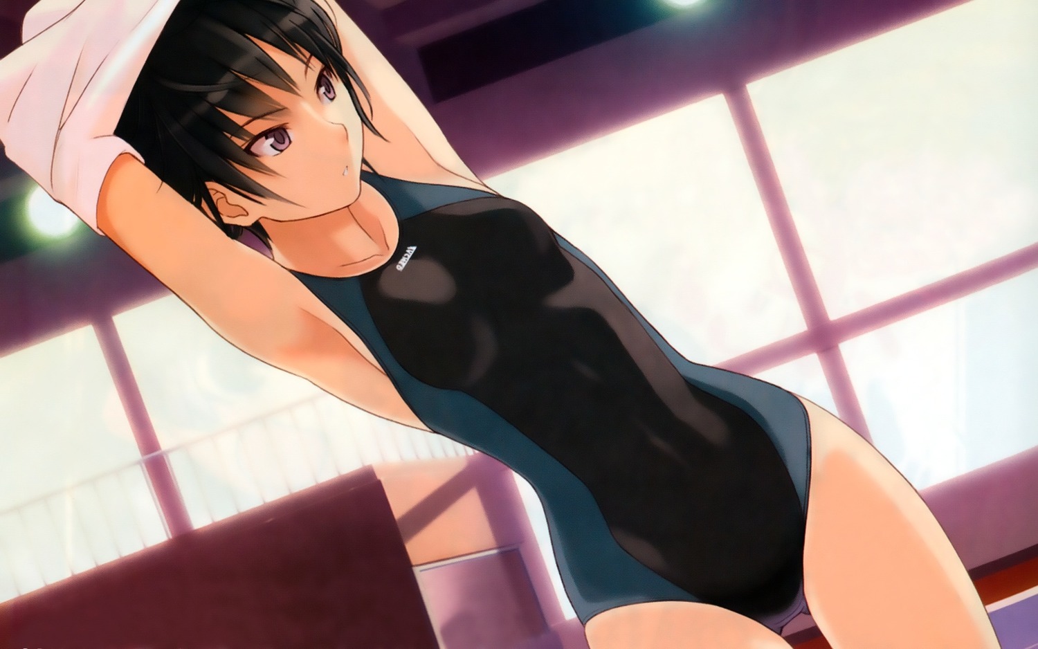 1girl amagami armpits arms_up black_hair nanasaki_ai solo stretching swimsuit